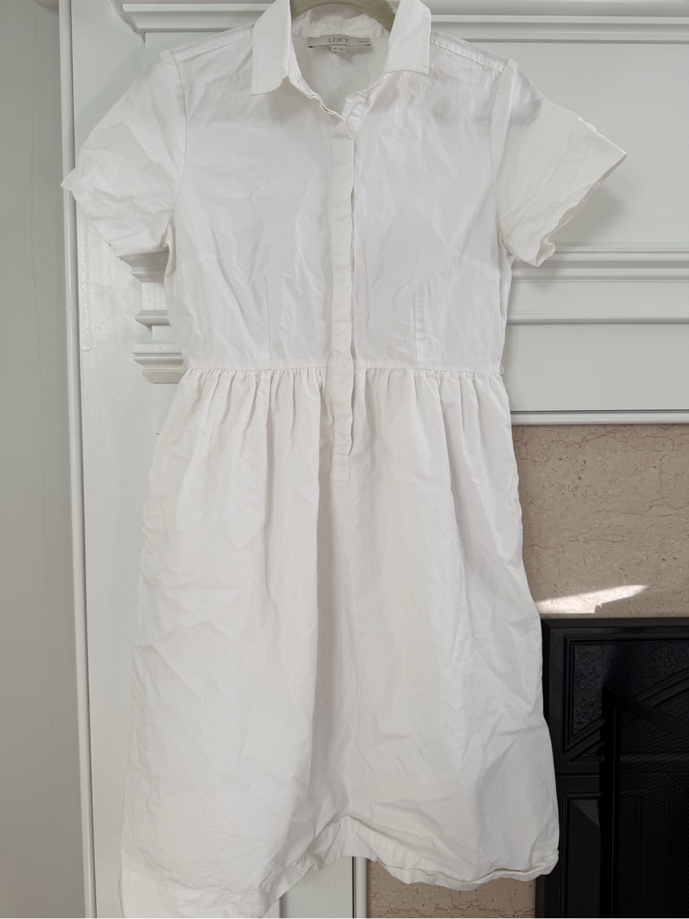 LOFT White Short-Sleeve Collared Cotton Neutral Office Preppy Casual Shirt Dress